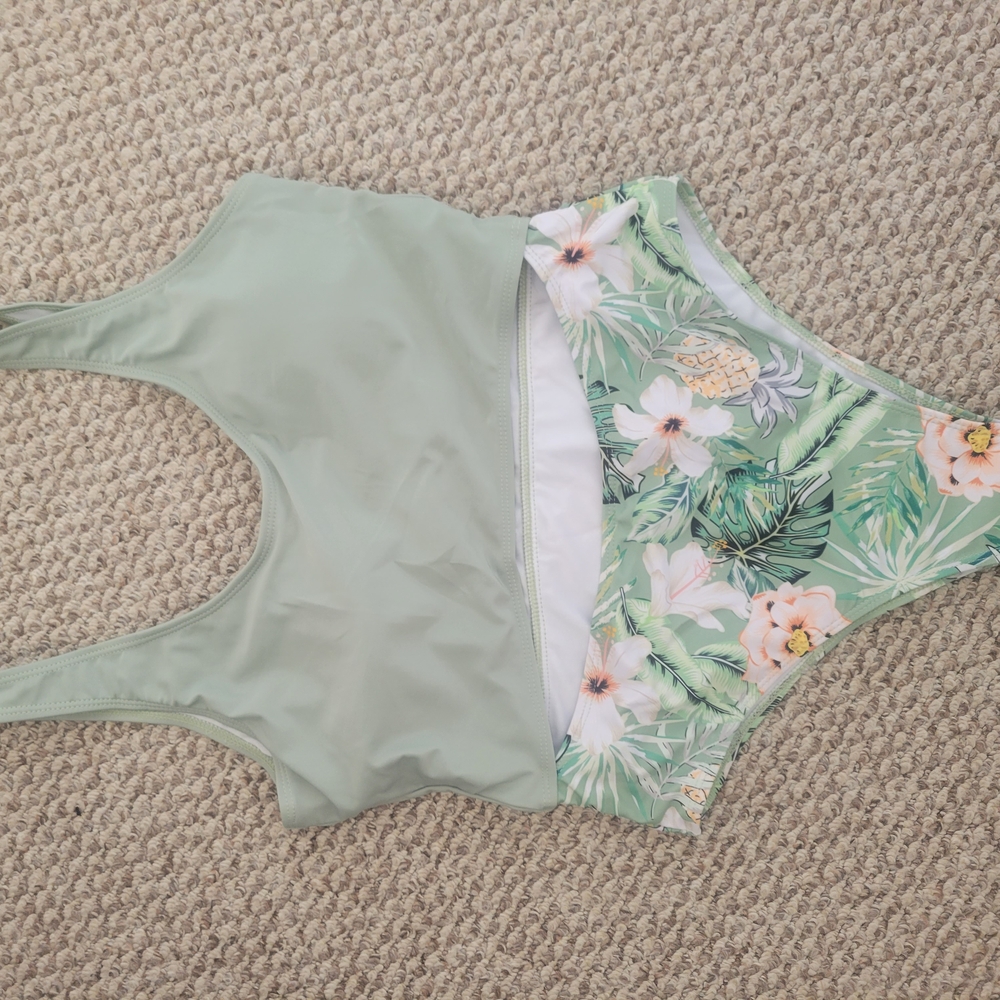 Green and White Bikini Set